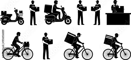 Set of black vector silhouettes illustrating men providing fast delivery service on scooters and bikes, handling parcels, symbolizing modern logistics, quick shipment, and contactless delivery