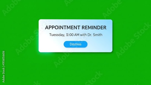 Digital appointment reminder with time and doctor's name displayed on a bright green screen background