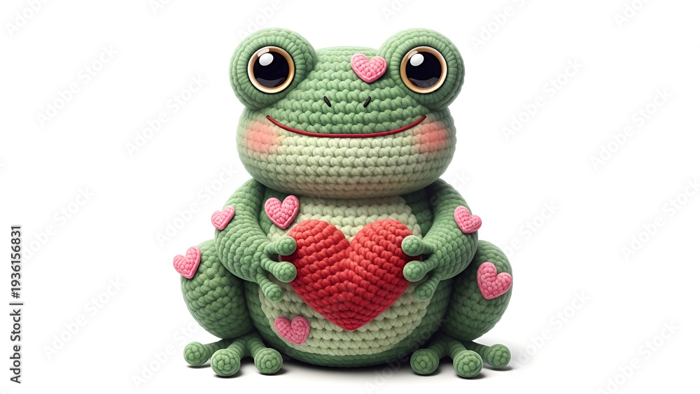 Fototapeta premium Crochet frog holds a red heart, adorned with pink hearts; white background