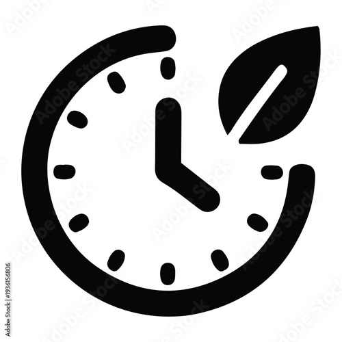Stylized graphic featuring a clock dial seamlessly integrated with a vibrant leaf, representing natural time, sustainable living, environmental consciousness, and the eco-friendly passage of moments