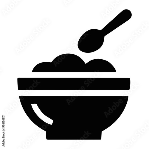 Clean graphic design featuring a bowl of warm food with a spoon, symbolizing breakfast, lunch, or a comforting meal preparation