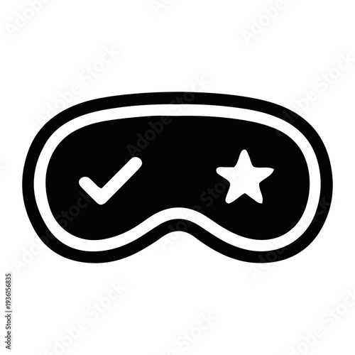 Simple black icon of a sleep mask featuring a checkmark and a star, representing quality sleep, successful relaxation, and the achievement of rest goals for well-being