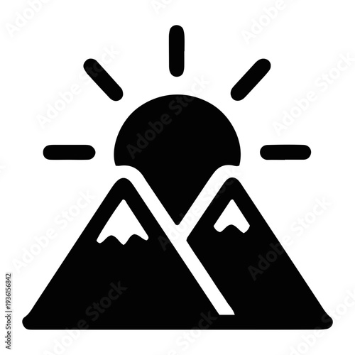 Minimalist black icon depicting a majestic mountain range under a radiant sun, symbolizing nature's grandeur, dawn, and outdoor adventures in a clean vector style