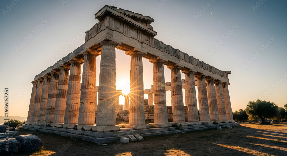 Fototapeta premium Ancient Greek temple ruins at sunset