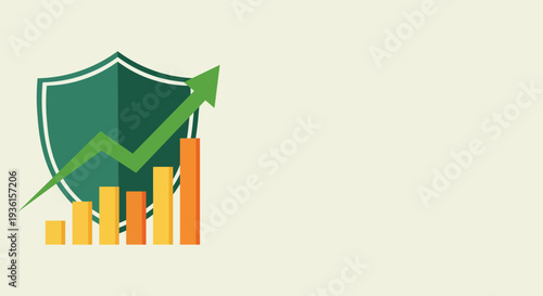 Green shield with upward trending bar graph and arrow symbolizing financial security and growth