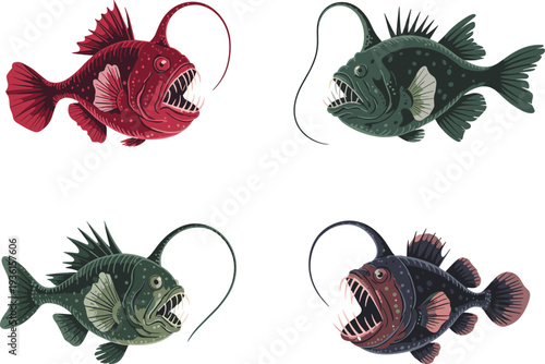 Set of deep sea angler fish vector illustrations with sharp teeth, glowing lure, marine predator design, and underwater wildlife art