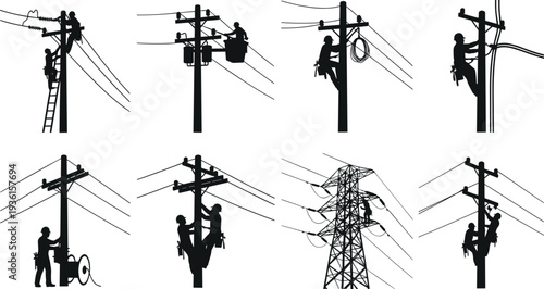 Set of electrician and lineman silhouettes working on high voltage power lines and utility poles, electrical maintenance vector illustration isolated on white background, industrial workers