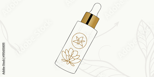 A cosmetic dropper bottle with gold hardware and stylized floral line art is positioned on a light grey surface with subtle background graphics.