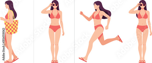 woman in bikini beach poses set, summer vacation girl character, swimwear lifestyle concept, seaside fashion vector illustration