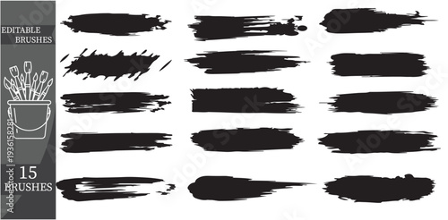 Set of 15 black ink brush strokes and grunge paint textures vector