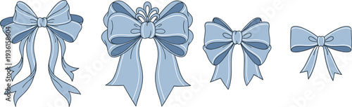 Set of four light blue decorative ribbon bows vector illustration for gift wrapping, holiday decoration, celebration, wedding, and special occasion design elements.