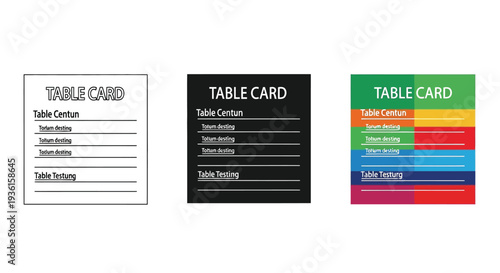 This versatile vector illustration presents a collection of three distinct table card designs, perfect for event planners creating stylish, customizable seating arrangements or labeling displays.