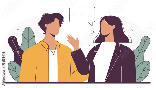 A man wearing a yellow shirt and a woman in a purple jacket engage in a conversation with a single speech bubble between them against a leaf background.