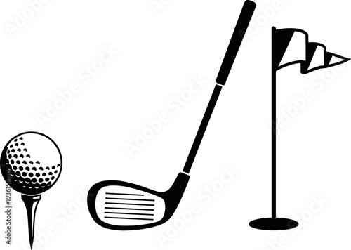 Set of Golf Equipment Silhouettes Including Detailed Golf Ball on Tee, Club Putter or Iron, and Flag Pin for Sport Game, Tournament, and Leisure Vector Illustration