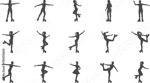 Set of graceful roller skater silhouettes in various poses and artistic positions, black female skating icons collection isolated on white background, sports vector