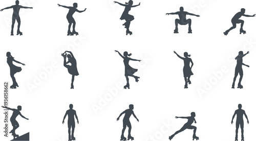 Set of graceful roller skater silhouettes in various poses and artistic positions, black male and female skating icons collection isolated on white background, sports