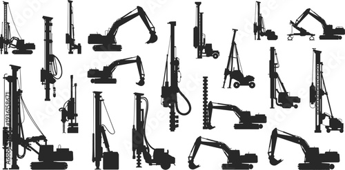 Set of heavy construction drilling rigs and excavator machinery silhouettes, industrial engineering equipment vector illustration for building foundation, mining, and construction site design