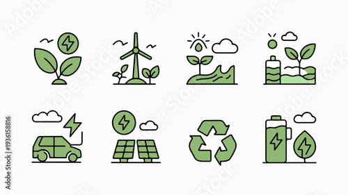 Set of green energy icons featuring eco friendly symbols for sustainable living and renewable power sources