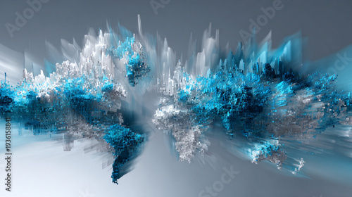 Abstract Digital World Map with Exploding 3D Pixels Representing Global Data, Technology, and Interconnected Communication