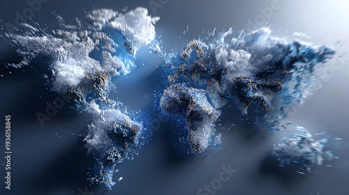 Abstract digital world map formed by glowing pixels and particles, representing global technology and data connectivity.