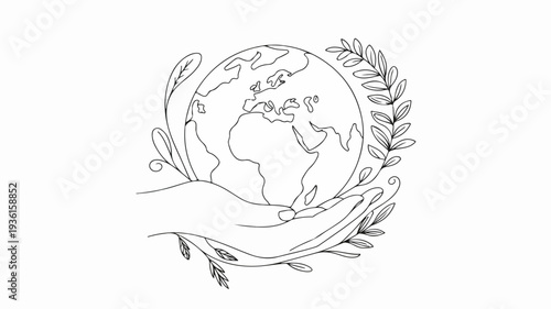 Minimalist line art illustration of a hand holding the earth surrounded by leaves symbolizing eco friendliness and sustainability
