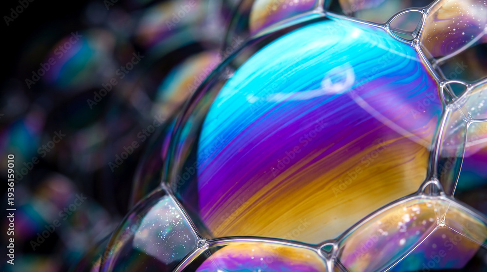 Fototapeta premium Iridescent soap bubble single large macro extreme close-up abstract background copy space on left