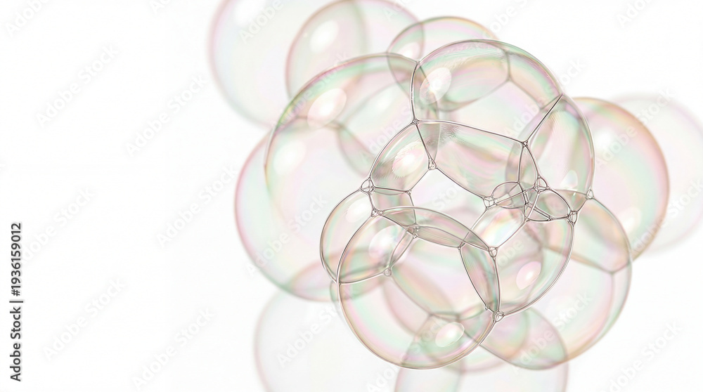 Obraz premium Iridescent soap bubble cluster pastel white background abstract soft colorful background lifestyle