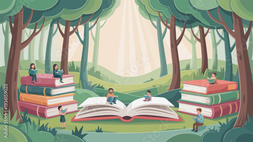 Whimsical forest scene with children reading and playing among stacks of colorful books on a sunny day