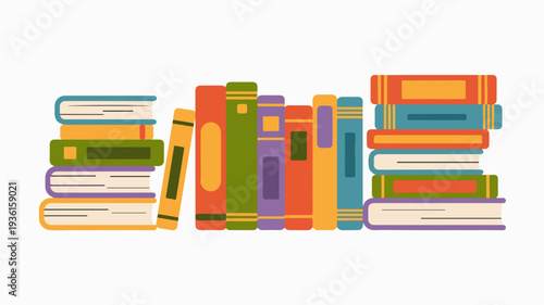 Vibrant stacked books illustration in various colors and sizes on white background for education and learning concepts