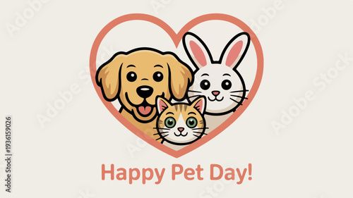 Cheerful pets dog cat rabbit heart happy pet day celebration vector illustration