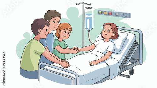 Child in hospital bed receiving treatment and comfort from family members