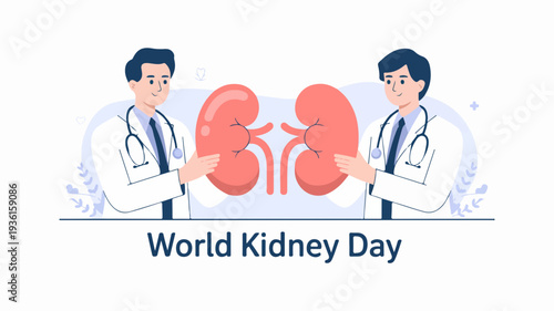 Doctors holding kidneys illustration for world kidney day awareness campaign with flat design and clean style