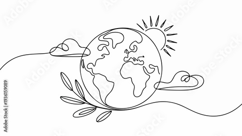 Minimalist line drawing of earth with leaves and sun symbolizing eco friendly and sustainable living concepts