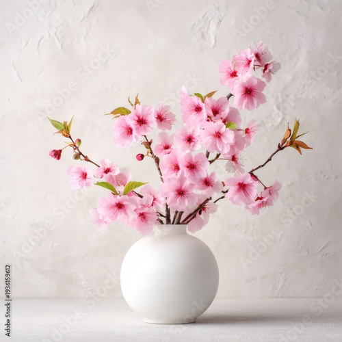Still life of pink cherry blossoms arranged in a minimalist white vase against a textured backdrop creating a serene, springtime, floral arrangement.