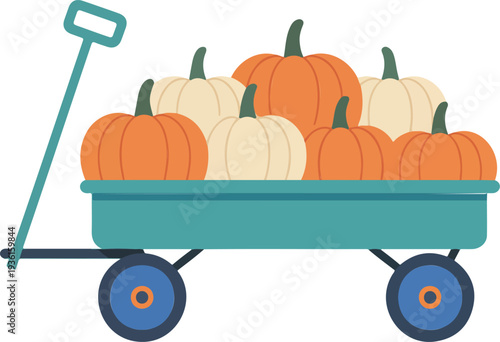 Teal Wagon Filled with Orange and Cream Pumpkins Minimal Flat Vector Illustration