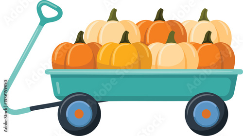 Teal Wagon Filled with Orange and Cream Pumpkins Minimal Flat Vector Illustration