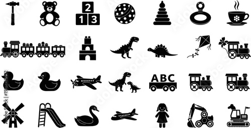 Set of kids toy and education silhouettes, black baby play icons collection including animals, vehicles, blocks, and learning objects vector illustration