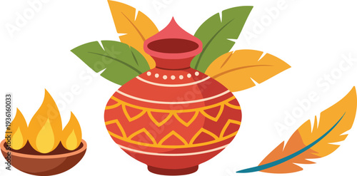 Decorative Clay Pot with Leaves Bowl of Flames and Feather Minimal Flat Illustration