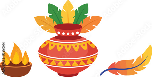 Decorative Clay Pot with Leaves Bowl of Flames and Feather Minimal Flat Illustration