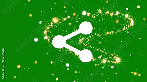 Dynamic White Share Icon with Golden Sparkle Trail on Vibrant Green Background, Symbolizing Connection and Digital Engagement
