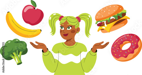 Confused Girl Choosing Between Healthy and Junk Food Flat Minimal Vector Illustration
