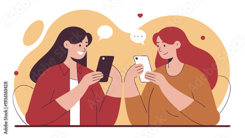 Two smiling women wearing a red shirt and a brown sweater look at their smartphones while exchanging digital messages accompanied by a small red heart.