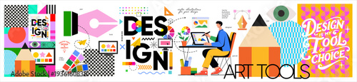Design, tools, art and workspace. Vector modern creative illustrations of a designer working at a computer at a desk in his workplace, pencil, pen, graphics tablet, geometric pattern, typographic logo