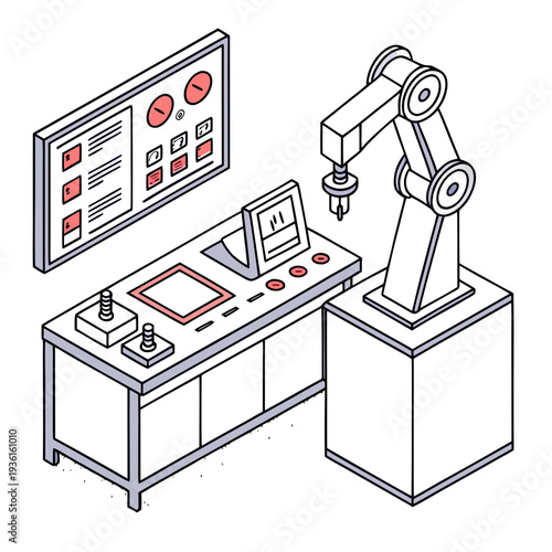 Modern robotic arm working on industrial control panel with touchscreen