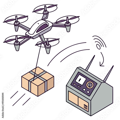Drone delivering package with remote control nearby