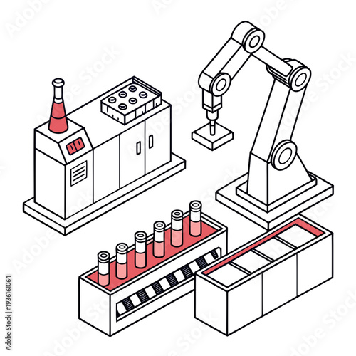 Robotic arm assembling laboratory equipment with test tubes on conveyor belt