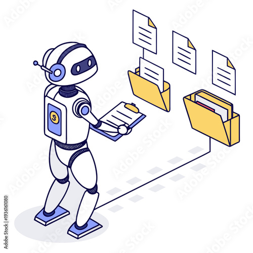Robot organizes digital files with clipboard in modern workspace