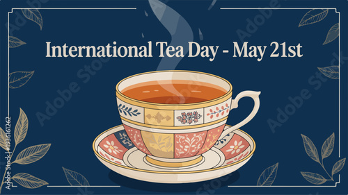 International tea day banner with a teacup on a saucer may 21st celebration