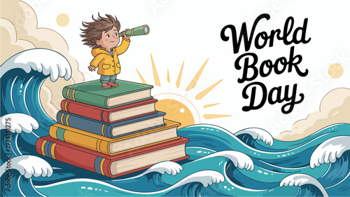 Curious child on book stack navigates through waves with telescope on world book day