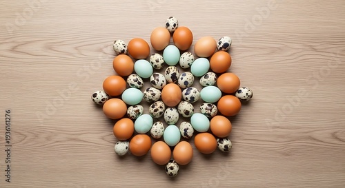 Arrangement of quail eggs and chicken eggs in a circular pattern on wood